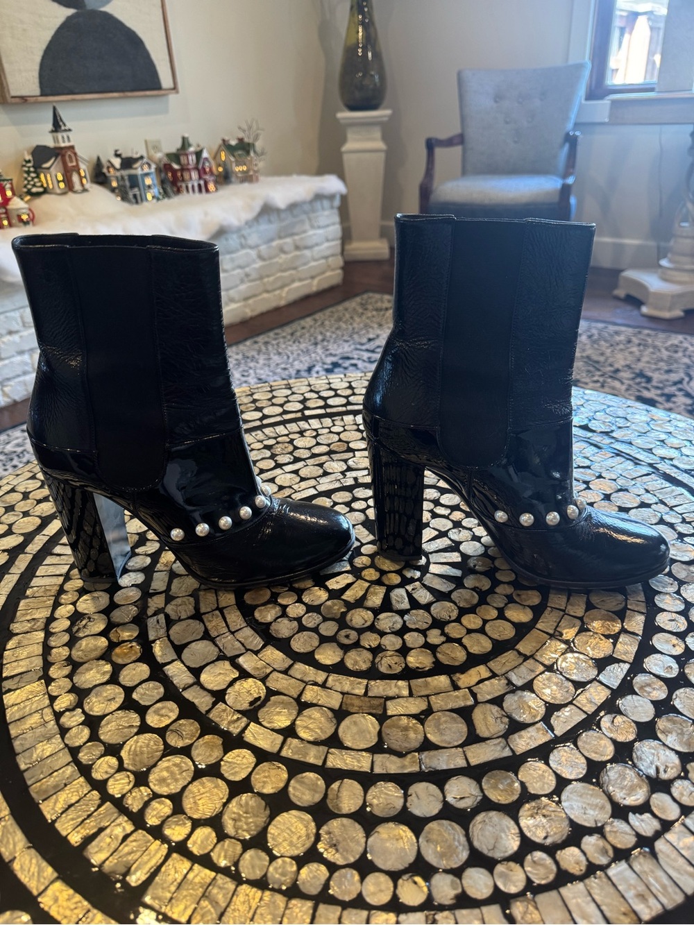Chanel Black Pearl-Accent High Heel Ankle Boots